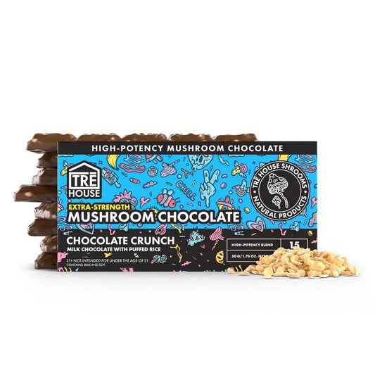TRĒ House Extra Strength Mushroom Chocolate Bar Chocolate Crunch flavor packaging with broken chocolate squares and crispy rice texture.