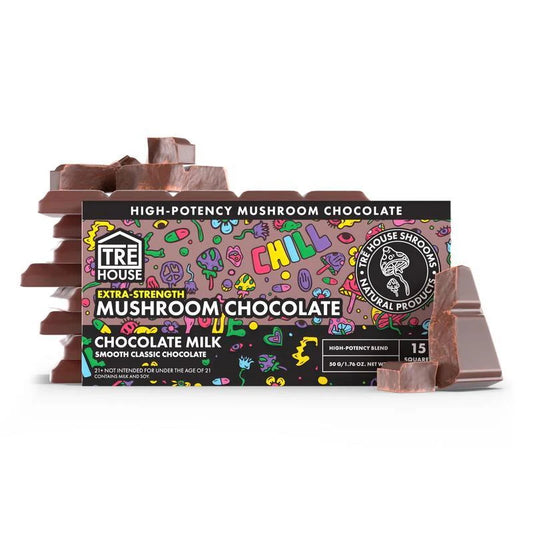 TRĒ House Extra Strength Mushroom Chocolate Bar Chocolate Milk flavor packaging with smooth milk chocolate squares.