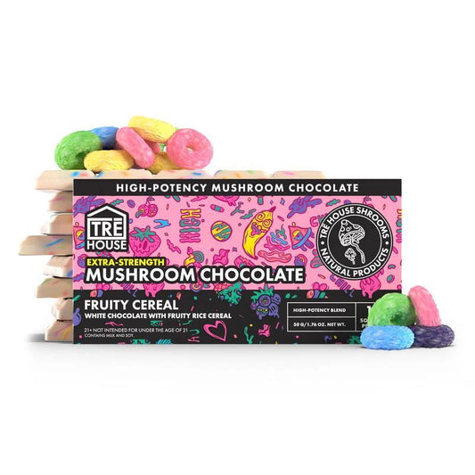 TRĒ House Extra Strength Mushroom Chocolate Bar Fruity Cereal flavor packaging with white chocolate and colorful cereal pieces.