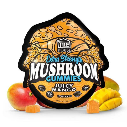 TRĒ House Juicy Mango Extra Strength Mushroom Gummies 10 count bag with warm orange and yellow tropical mango themed packaging and extra strength label.