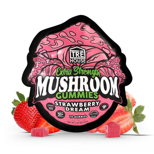 TRĒ House Strawberry Dream Extra Strength Mushroom Gummies 10 count bag with pink and red strawberry themed packaging and extra strength label.