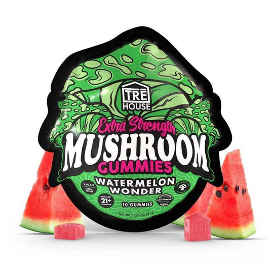 TRĒ House Watermelon Wonder Extra Strength Mushroom Gummies 10 count bag with green and pink watermelon themed packaging and extra strength label.