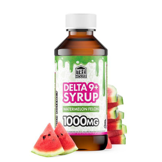 Trehouse Watermelon Felon Delta 9 Syrup, 1000mg THC, euphoric relaxation, 23 servings per bottle, for adults 21+.