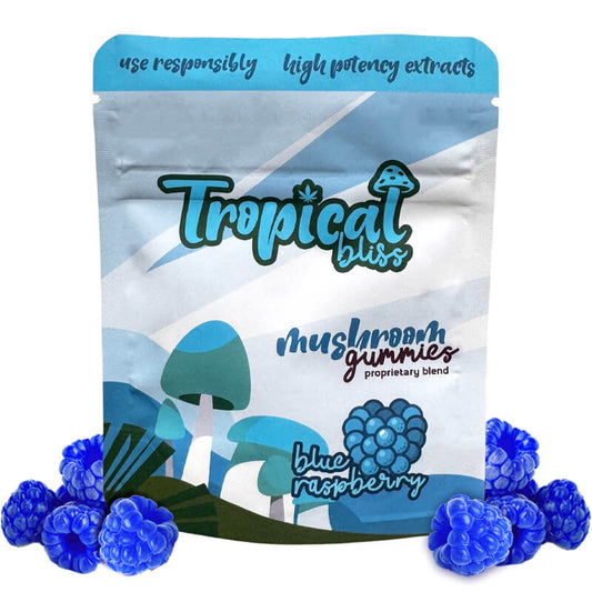 Tropical Bliss Blue Raspberry Magic Mushroom Gummies in a package.
