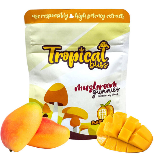 photo of the packaging for Tropical Bliss magic mushroom gummies with a mango flavor. 