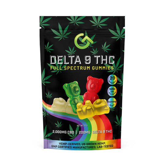 10mg delta 9 gummy bears also have 100mg of CBD and come with 20 bears per pack