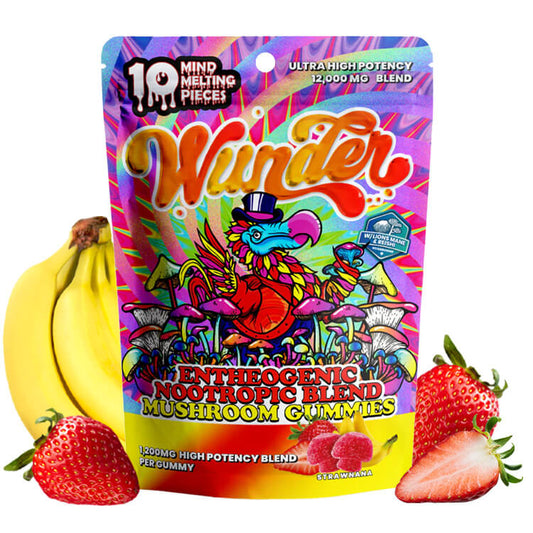 12000 mg magic mushroom nootropic gummies for with strawnana flavoring, for focus, memory, energy, mind expansion and holistic well-being.